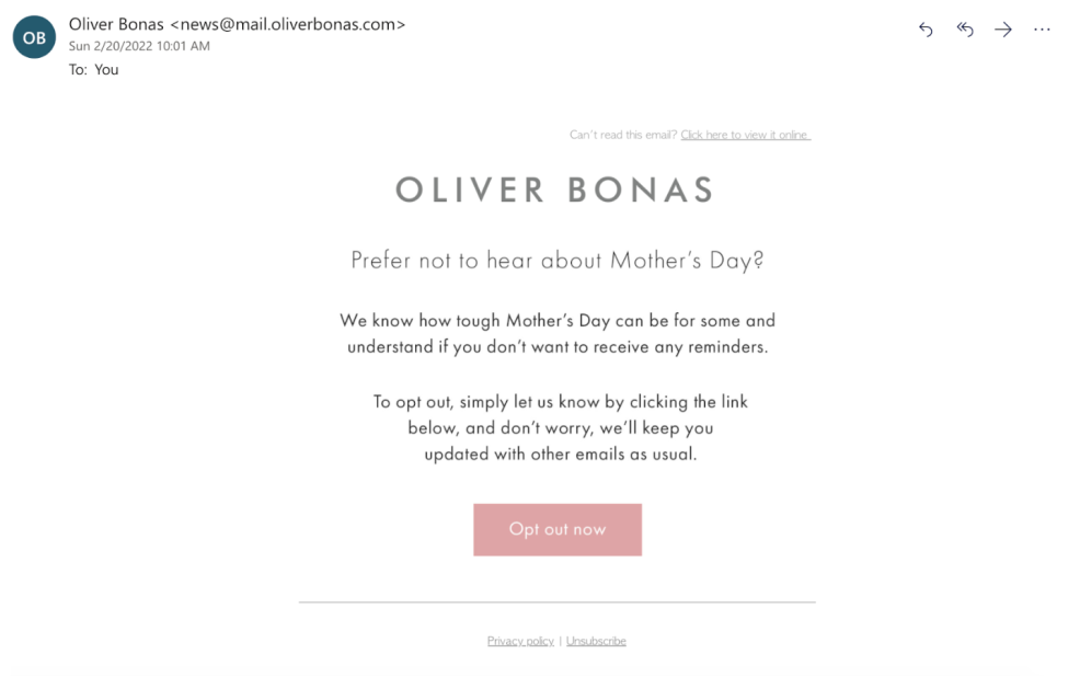 Screenshot of Oliver Bonas marketing email.
