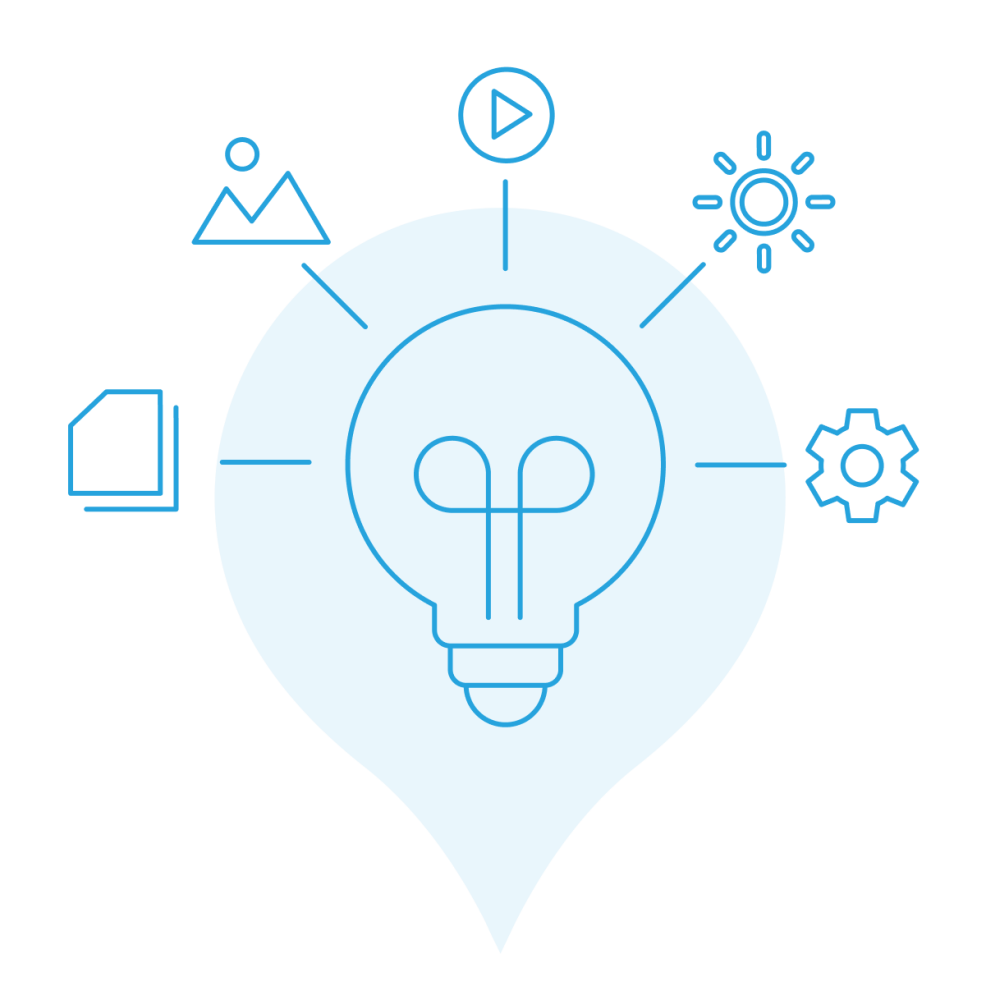 blue line art of a light bulb with content icons coming out of it