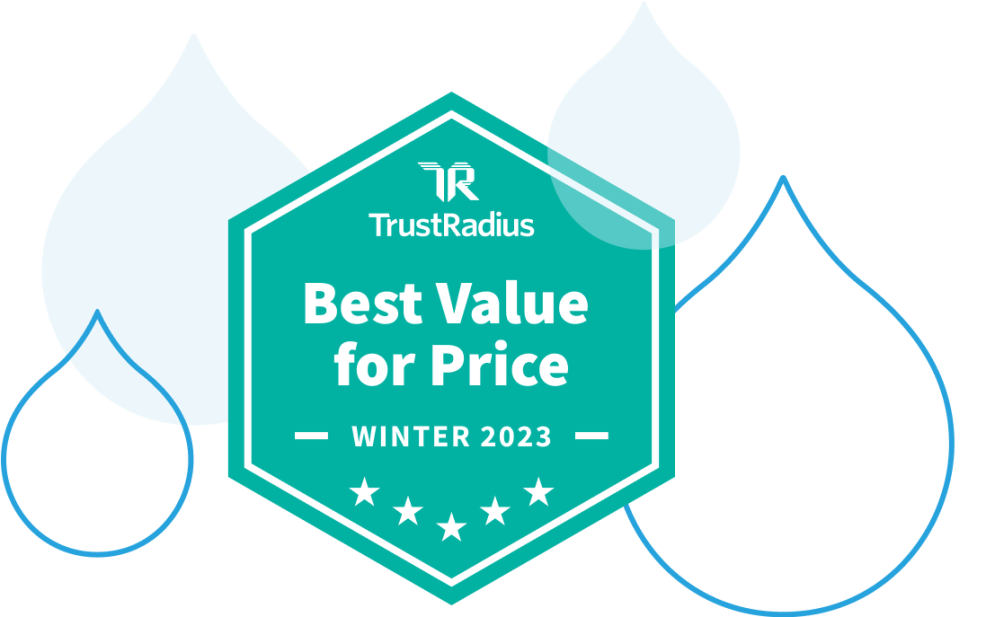trustradius badge for 'Best Value for Price' surrounded by blue and teal droplets