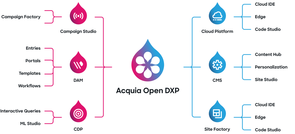 Diagram of Acquia's 6 core products linking to the add ons that support each of them