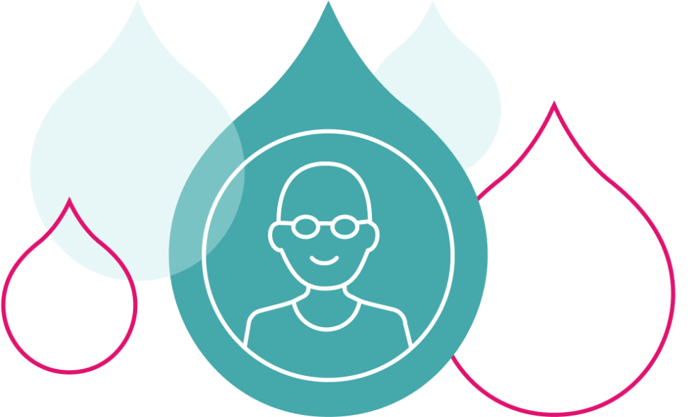 teal acquia drop with line art of a person surrounded by two pink droplet icons