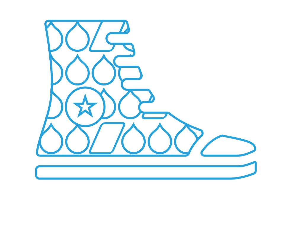 blue line art of a Converse shoe with acquia droplets