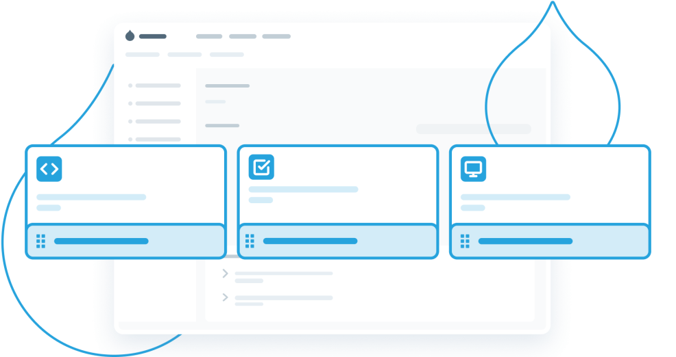blue acquia droplets surrounded graphics emulating product screenshots of Acquia Cloud Platform