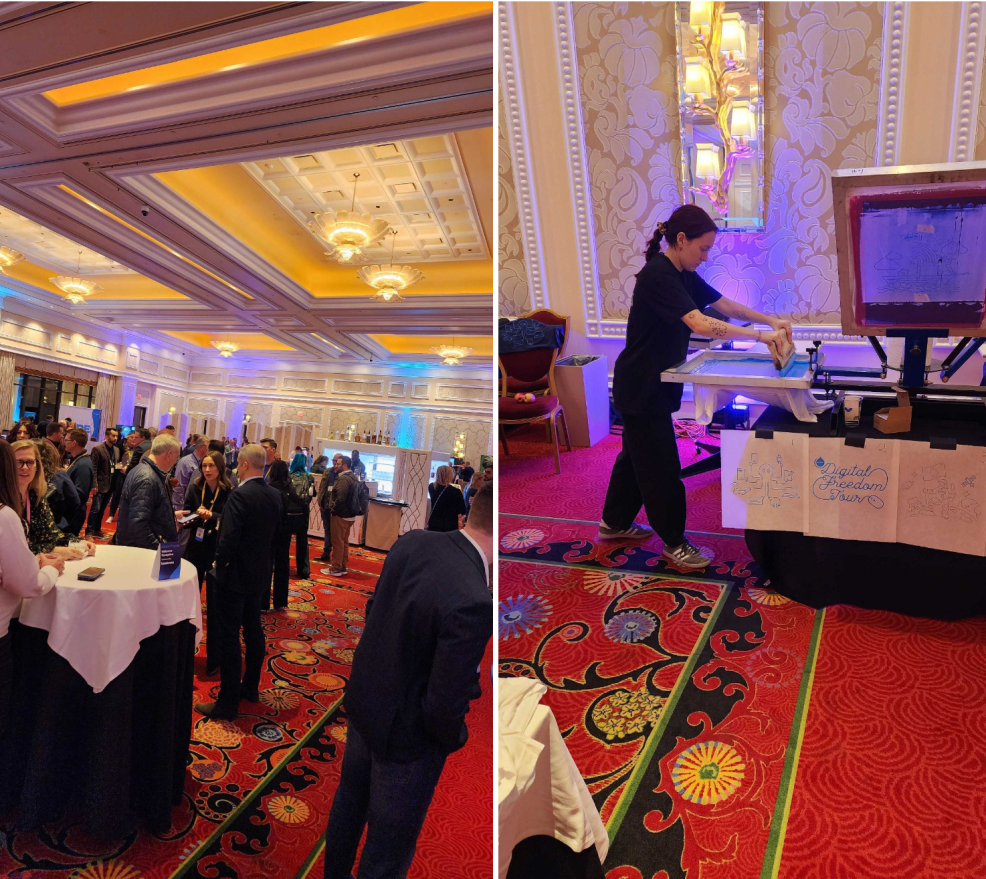 Side-by-side color photos of a reception and screen printing at Engage Boston 2023