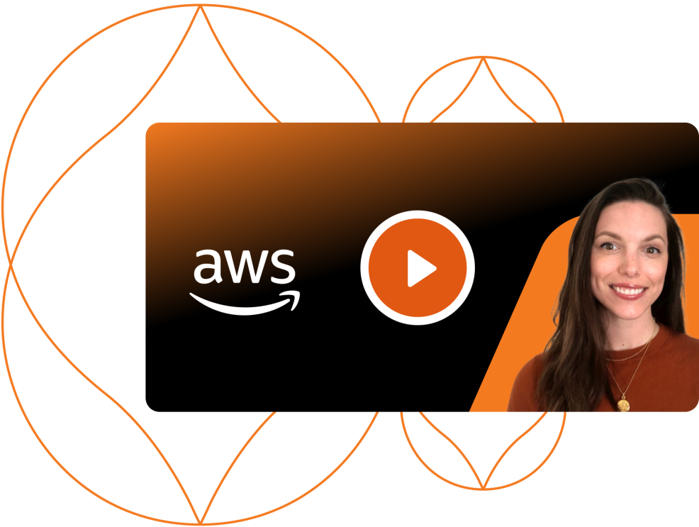 orange acquia droplets surrounding a thumbnail with a blakc and orange gradient background with the AWS logo and an image of the speaker and a video play button in the center