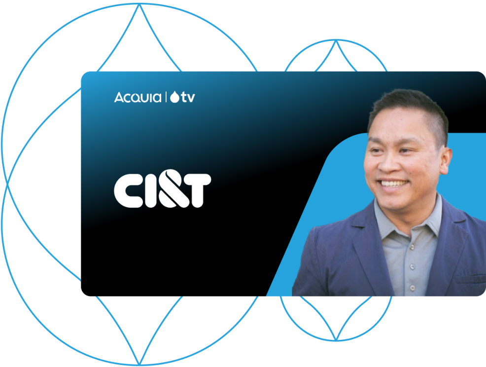 black and blue gradient background with the headshot of a main and the Acquia TV and CIandT logos