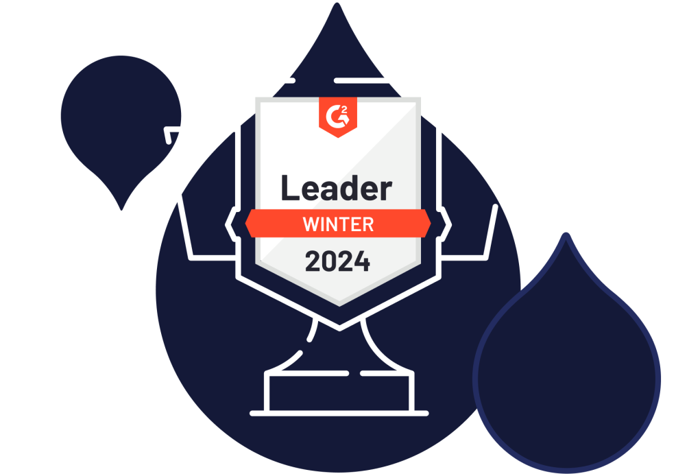 acqquia droplets with a line art trophy and a G2 badge that reads "Leader, Winter, 2024"