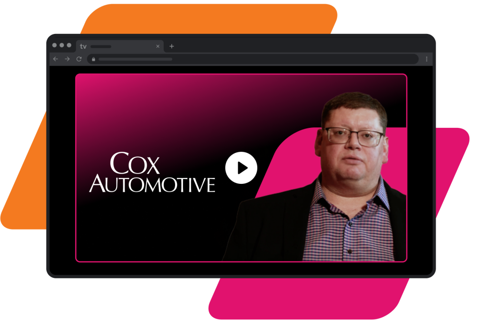 pink and orange parallelograms with dark mode chrome browser featuring a man and the Cox Automotive logo with a play button