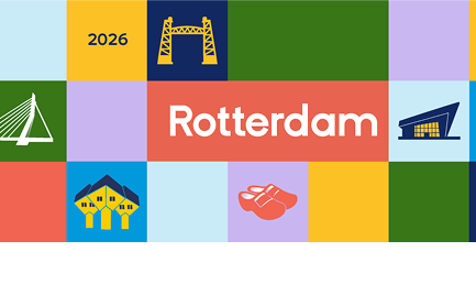 Colorful grid showing Rotterdam landmarks and icons including bridge, lips, architecture, and 2025 text