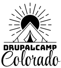 DrupalCamp Colorado logo featuring a tent, mountains, and radiating sun rays in black and white