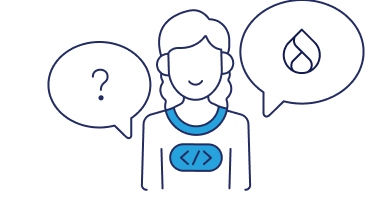 Woman with headset between question mark and droplet speech bubbles
