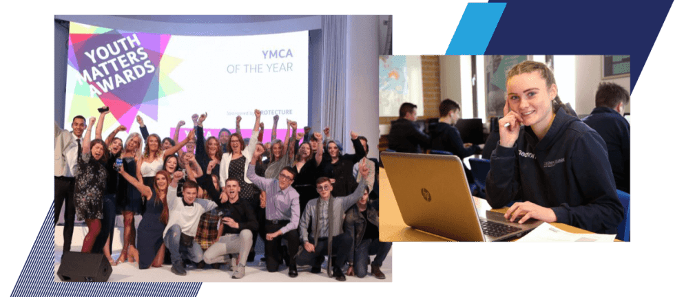 Two image collage with one group photo of youth in front of screen reading "YMCA of the Year"; second image of adolescent using laptop