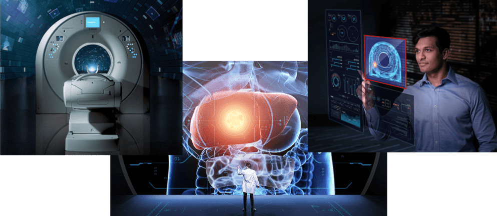Three images showing medical scanning technology