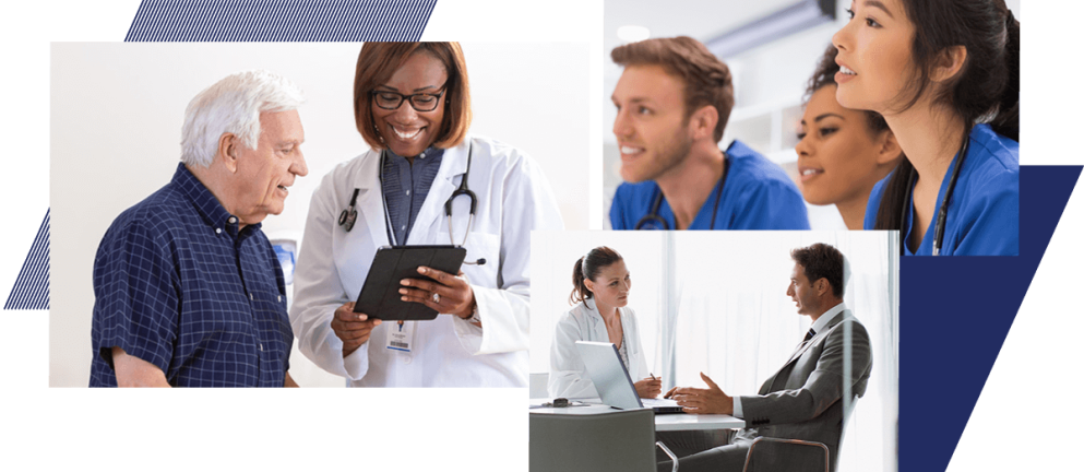 Doctor and patient looking at tablet together, doctor and business man at desk with laptop and three people in blue medical scrubsividuals w