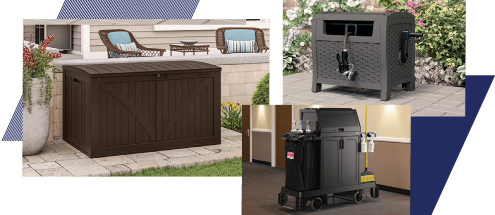 Collage of three images of outdoor storage, hose storage and cleaning cart