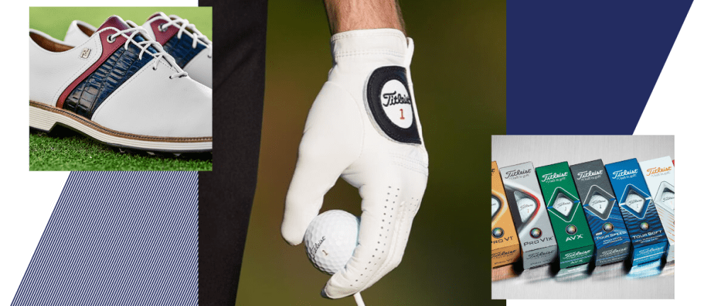 Collage of three images of golf shoes, gloved hand holding golfball with tee and boxes of golfballs