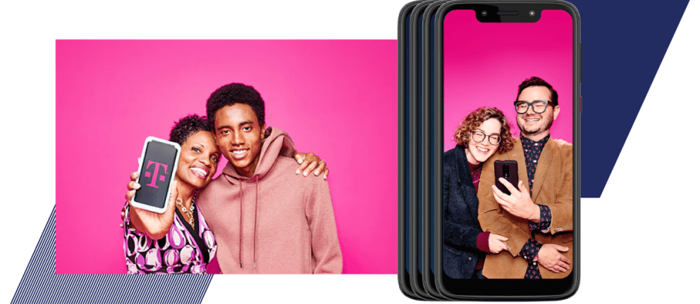 Mother with son, holding cell phone with T-Mobile logo on screen and separate phone screen with a couple