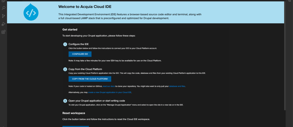 Screenshot of Acquia Cloud IDE launch screen