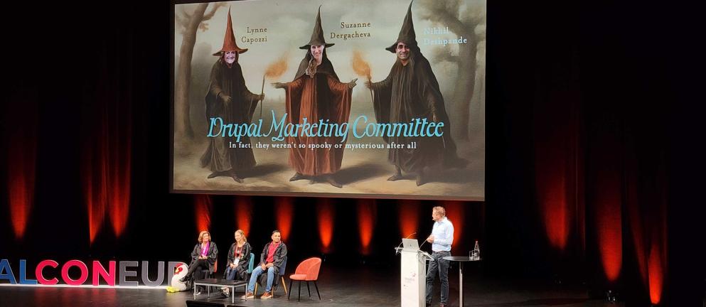 Color photo of Drupal Marketing Committee panelists at DrupalCon Lille 2023