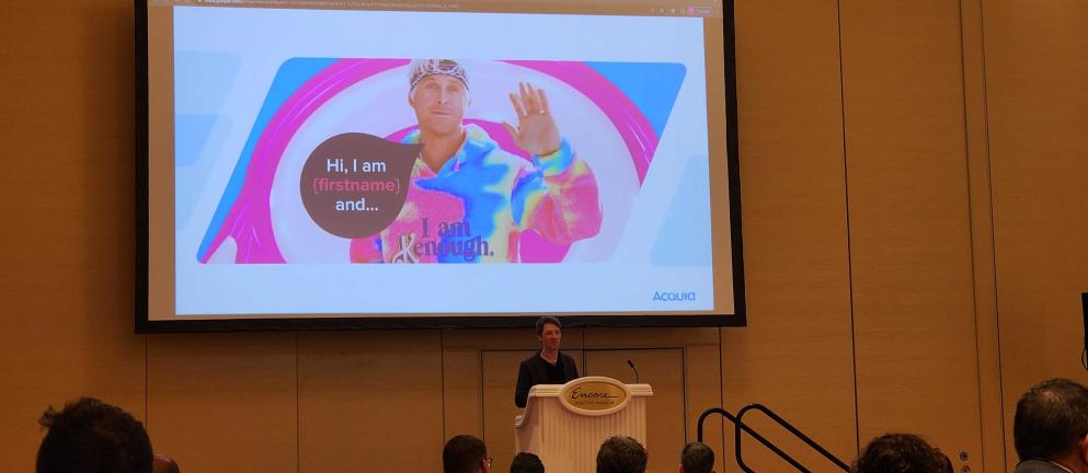 Color photo of Barbie-themed presentation at Engage Boston 2023