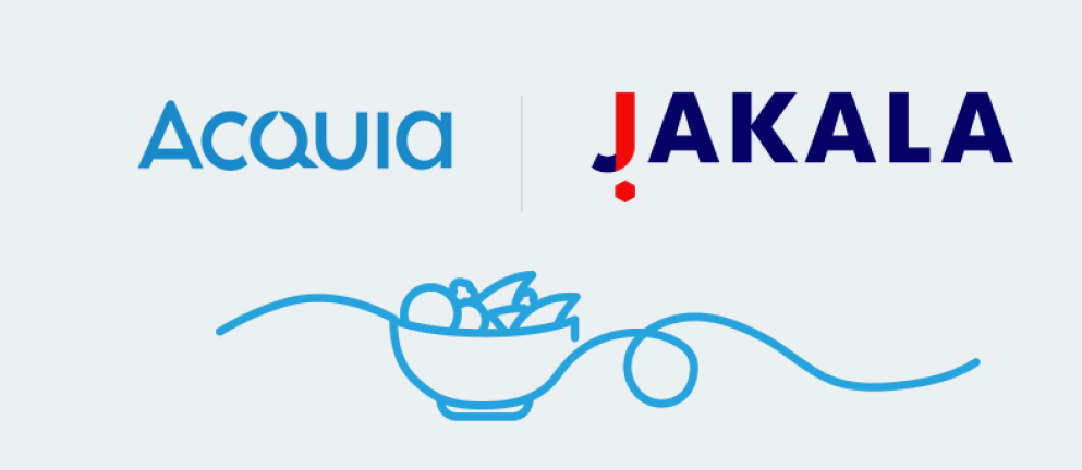 Acquia and Jakala logos with decorative blue swirl design