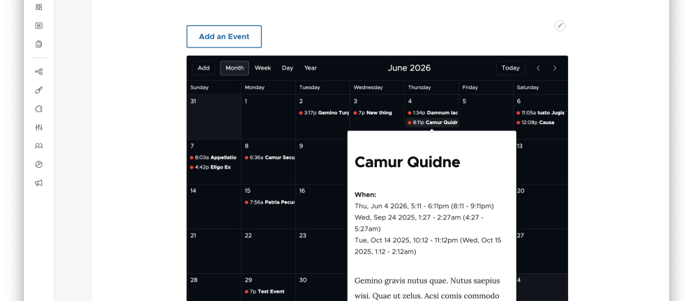 A Drupal 11 site using the Fullcalendar module, showing a calendar display