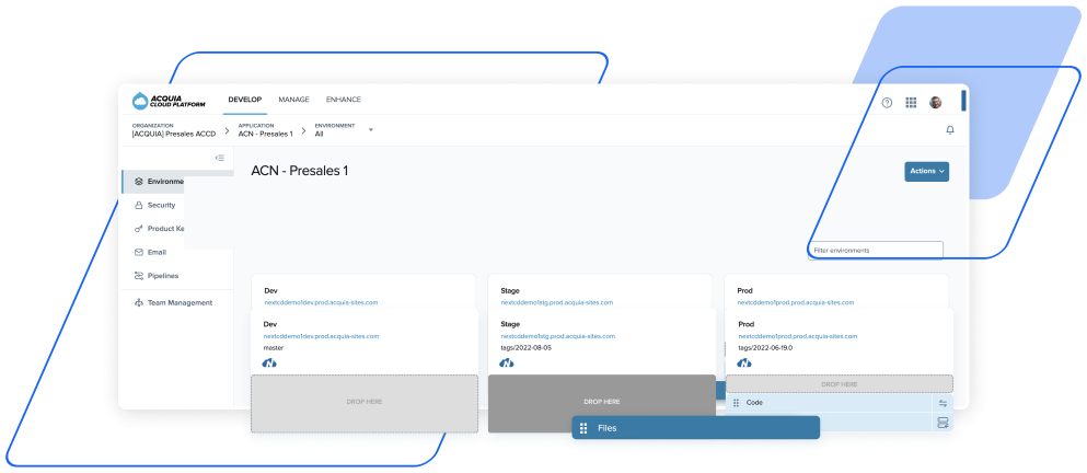 blue acquia parallelograms with product screenshots coming out