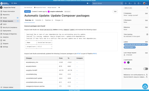Screenshot of Acquia Code Studio auto update and composer package