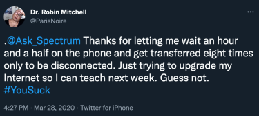 Screenshot of tweet from Dr. Robin Mitchell about Spectrum's customer service