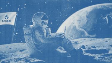 Astronaut sitting on moon while using a laptop with a Drupal flag in the background