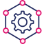 pink and navy cog with web of connected circles around it