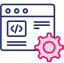navy and pink line art of a dev screen with a cog wheel