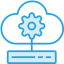 Blue icon of cloud with a settings wheel connected to a server