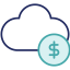 navy and teal icon of a cloud with a dollar sign in front