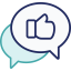 navy and teal icon of two chat bubbles with a thumbs up