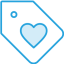blue icon of a price tag with a heart in the middle