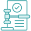 teal icon of a list with a gavel in front of it