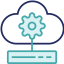 navy and teal icon of a cloud with a coghweel connected to a box