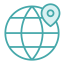 teal icon of globe with pin icon at top right