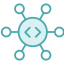teal icon of connected dots with code in the middle