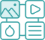teal icon of an image, video, doc, and product icons linked together