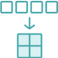 teal icon of four boxes consolidating into one box