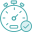 teal icon of a clock with a checkmark