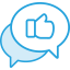 blue icon with two chat bubbles and a thumbs up