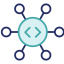navy and teal icon of a central code icon with 6 smaller circles branching off