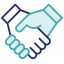 navy and teal icon of two hands shaking