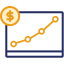 navy and yellow icon of a browser with an upward graph and money icon