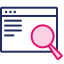 navy and pink icon of a browser with a magnifying glass over it