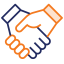 navy and orange icon of two hands shaking 