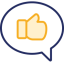 navy and yellow icon of a chat bubble with a thumbs up